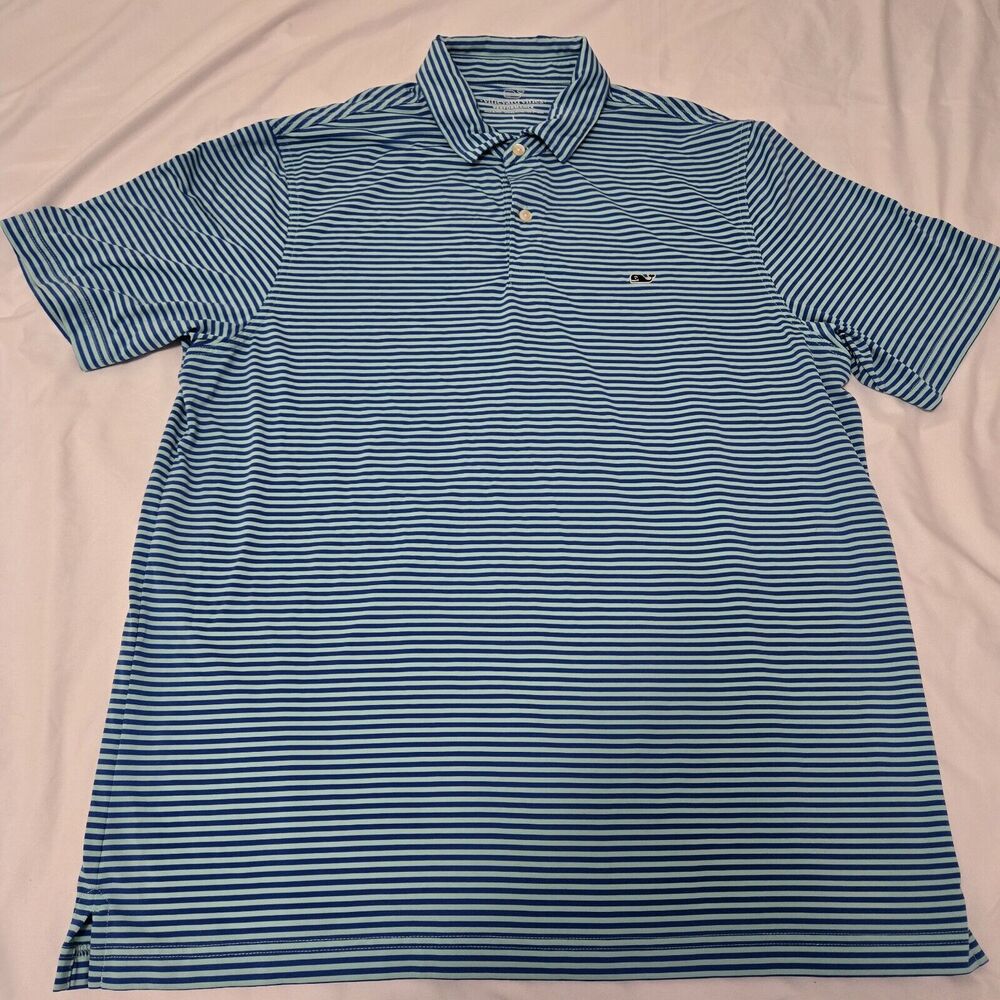 Vineyard Vines Polo Shirt Mens Sz Large Aqua Blue Striped Performance Stretch